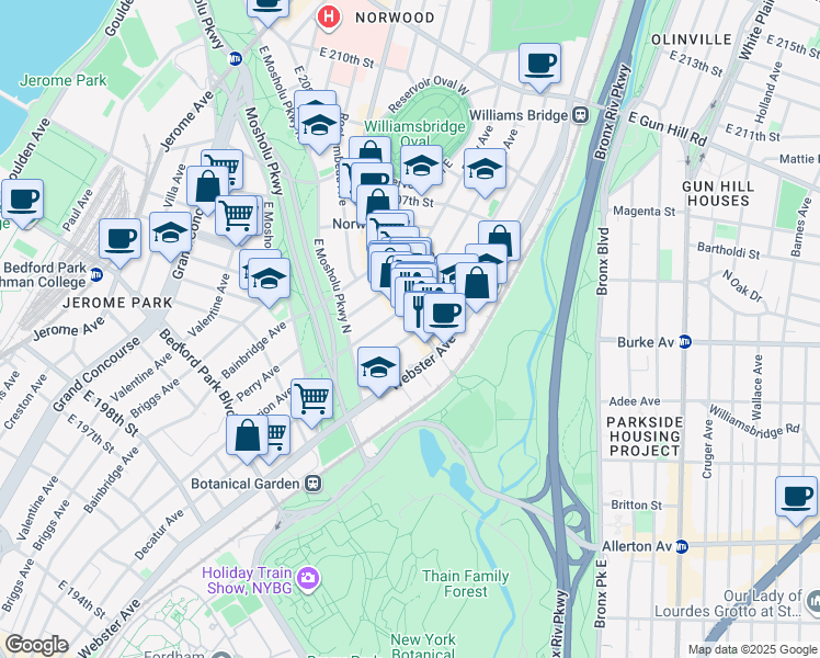 map of restaurants, bars, coffee shops, grocery stores, and more near 342 East 204th Street in Bronx