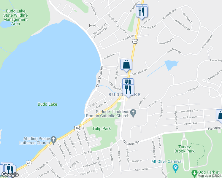 map of restaurants, bars, coffee shops, grocery stores, and more near 13 North Mount Olive Road in Mount Olive