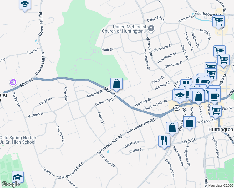 map of restaurants, bars, coffee shops, grocery stores, and more near 475 Main Street in Huntington