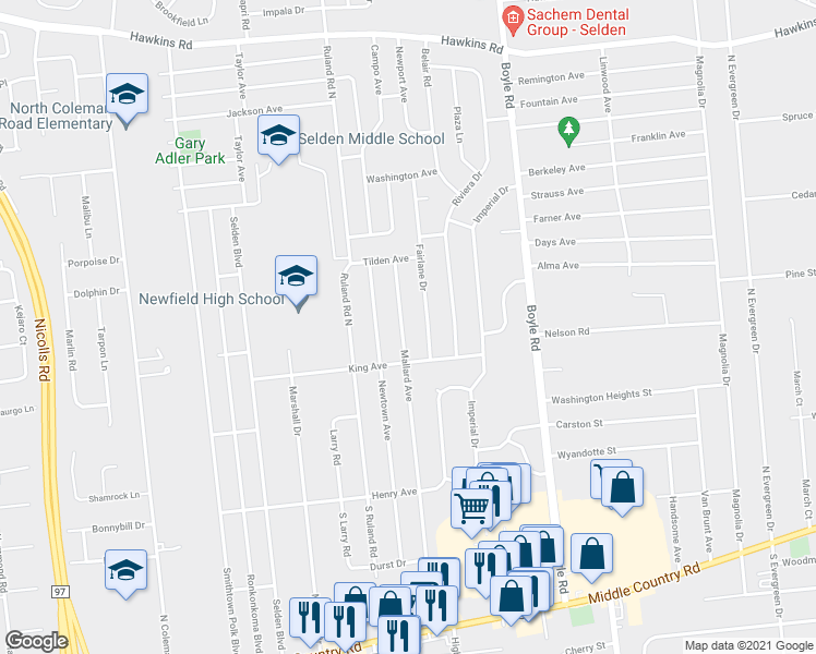 map of restaurants, bars, coffee shops, grocery stores, and more near 35 Mallard Avenue in Selden