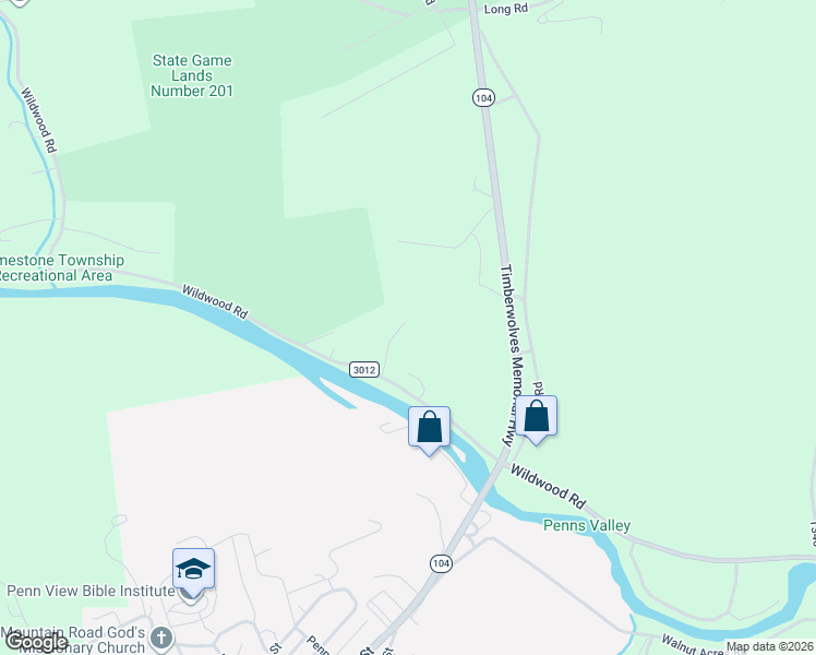 map of restaurants, bars, coffee shops, grocery stores, and more near 134 Wooded Lane in Mifflinburg