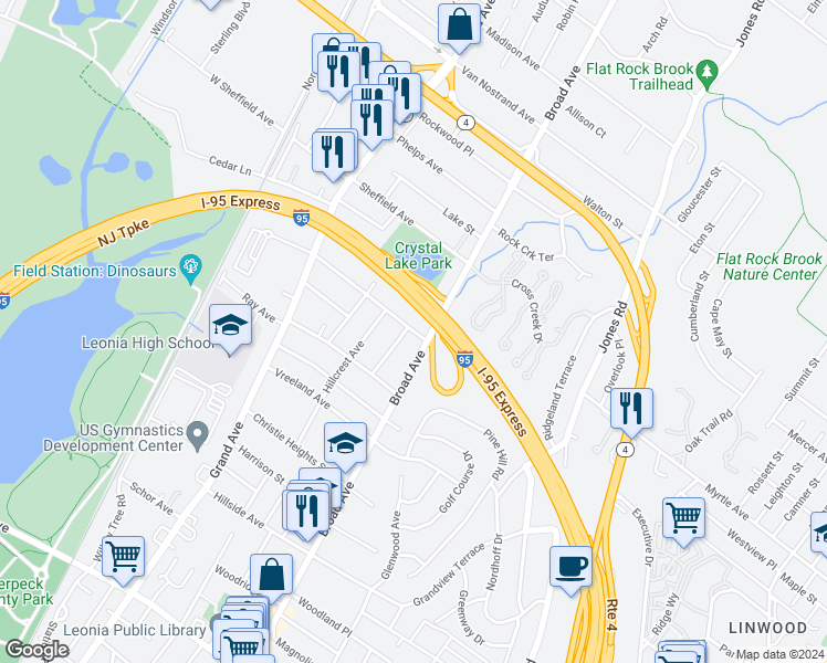 map of restaurants, bars, coffee shops, grocery stores, and more near 195 Lakeview Avenue in Leonia