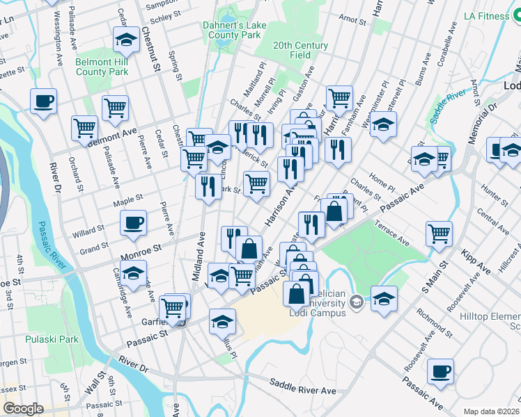 map of restaurants, bars, coffee shops, grocery stores, and more near 155 Harrison Avenue in Garfield