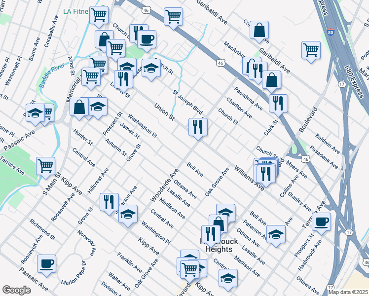 map of restaurants, bars, coffee shops, grocery stores, and more near 36 Lawrence Avenue in Lodi