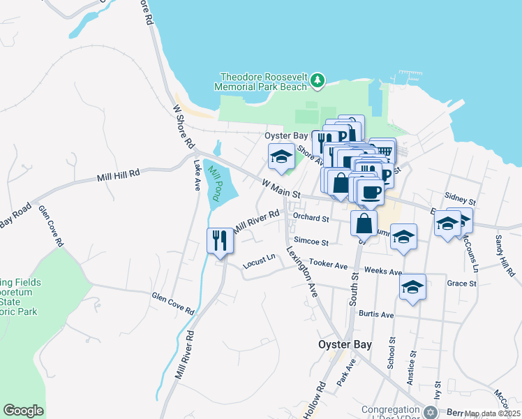map of restaurants, bars, coffee shops, grocery stores, and more near 23 Underhill Avenue in Oyster Bay