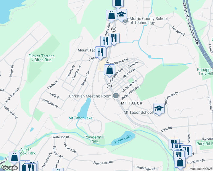 map of restaurants, bars, coffee shops, grocery stores, and more near 11 Hope Road in Parsippany-Troy Hills