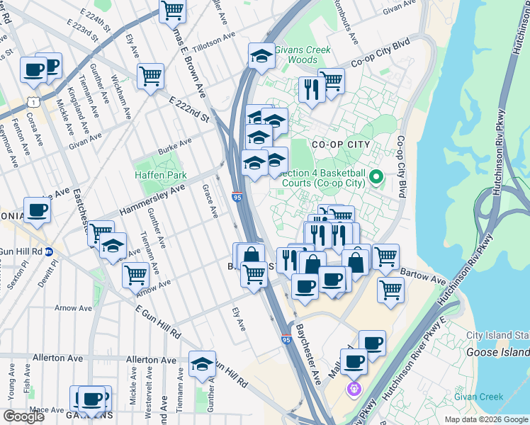 map of restaurants, bars, coffee shops, grocery stores, and more near 620 Baychester Avenue in The Bronx