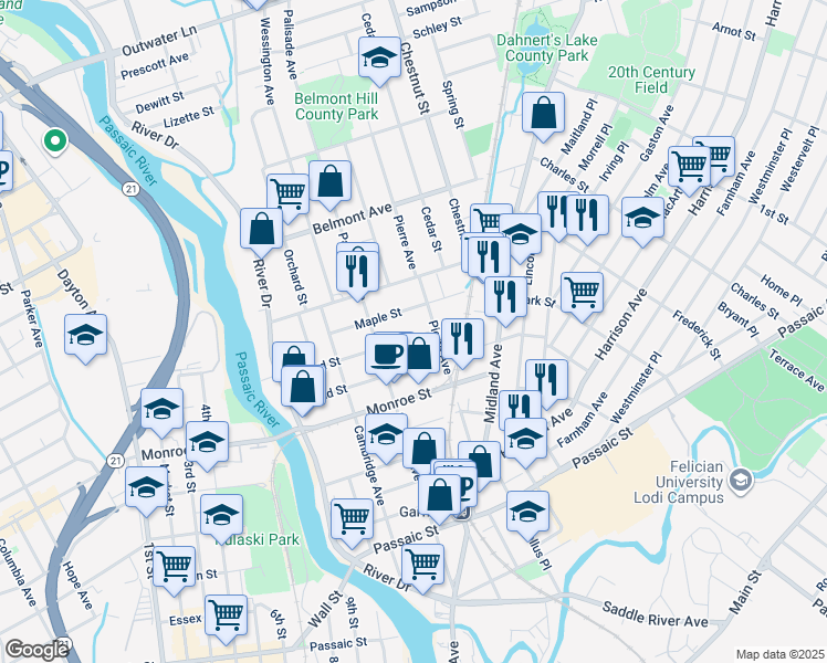 map of restaurants, bars, coffee shops, grocery stores, and more near 107 Willard Street in Garfield