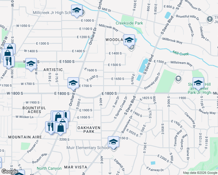 map of restaurants, bars, coffee shops, grocery stores, and more near 434 East 1700 South in Bountiful