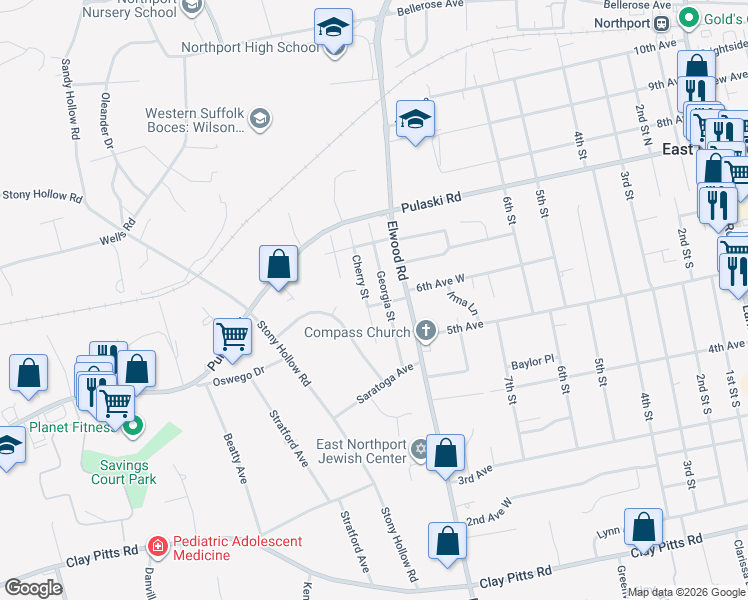 map of restaurants, bars, coffee shops, grocery stores, and more near 28 Cherry Street in East Northport