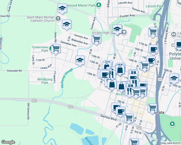 map of restaurants, bars, coffee shops, grocery stores, and more near 1604 10th Street in Arcata