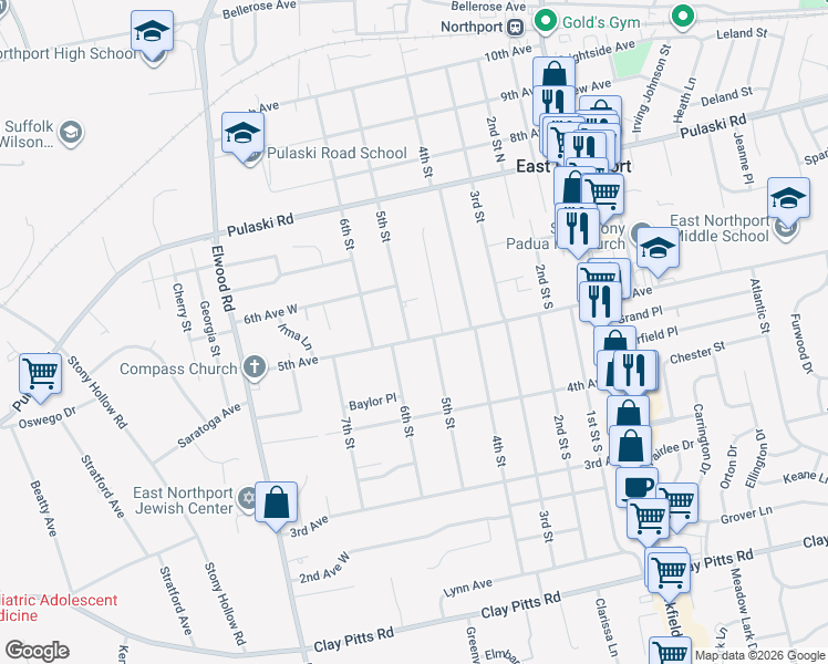 map of restaurants, bars, coffee shops, grocery stores, and more near 422 5th Avenue in East Northport