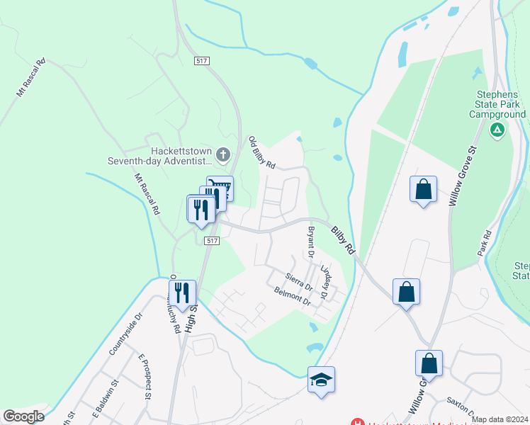 map of restaurants, bars, coffee shops, grocery stores, and more near 185 Kemper Court in Hackettstown