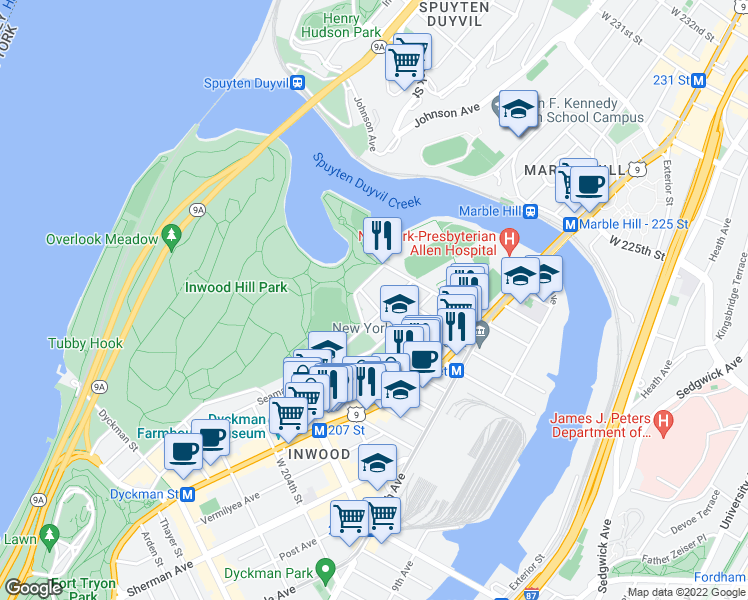 map of restaurants, bars, coffee shops, grocery stores, and more near 244 Seaman Avenue in New York