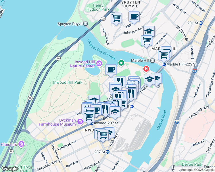 map of restaurants, bars, coffee shops, grocery stores, and more near 244 Seaman Avenue in New York