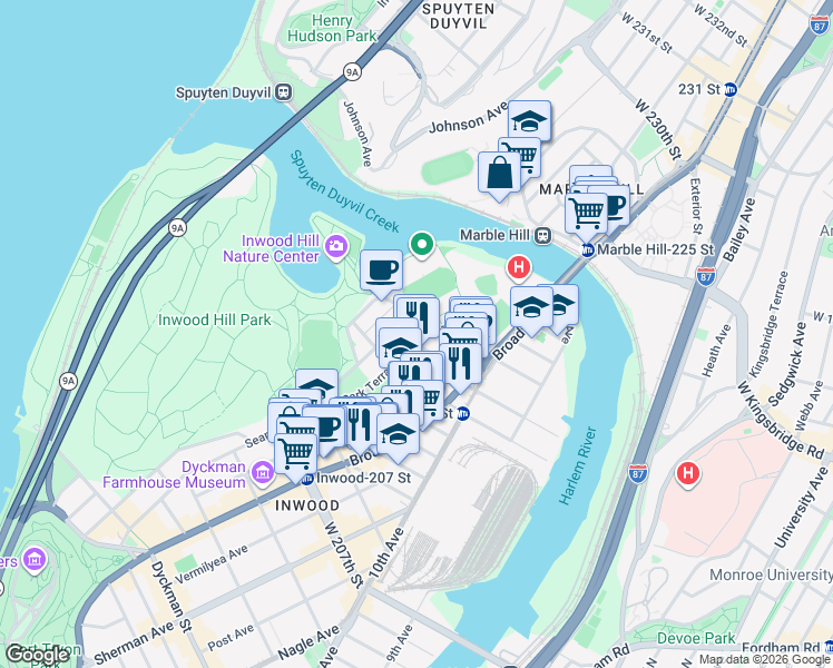 map of restaurants, bars, coffee shops, grocery stores, and more near 87 Park Terrace West in New York