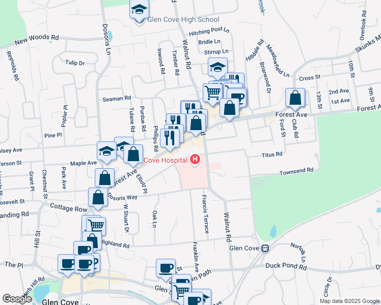 map of restaurants, bars, coffee shops, grocery stores, and more near 122 Saint Andrews Lane in Glen Cove