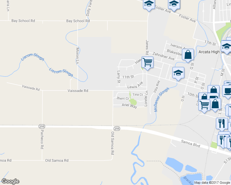 map of restaurants, bars, coffee shops, grocery stores, and more near 2352 Karen Court in Arcata