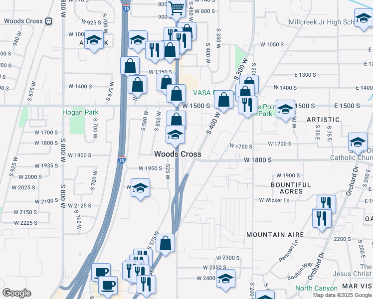 map of restaurants, bars, coffee shops, grocery stores, and more near 1805 South 440 West in Woods Cross