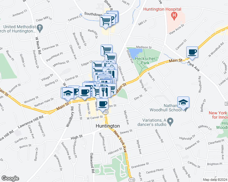 map of restaurants, bars, coffee shops, grocery stores, and more near 11 Stewart Avenue in Huntington