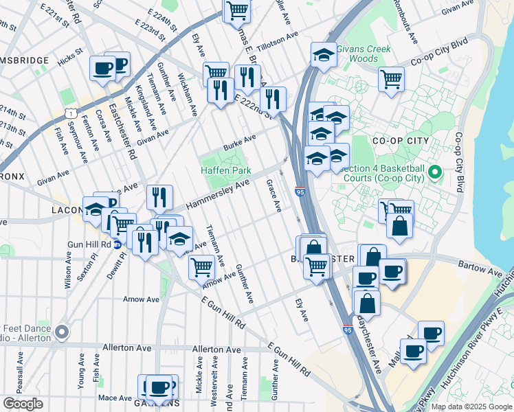map of restaurants, bars, coffee shops, grocery stores, and more near 3016 Bruner Avenue in The Bronx
