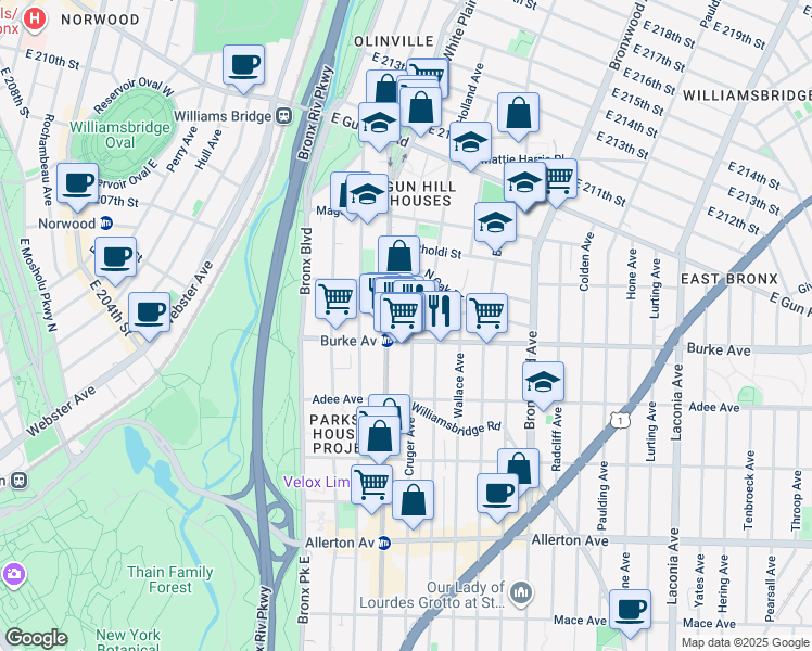 map of restaurants, bars, coffee shops, grocery stores, and more near 3214 Cruger Avenue in Bronx