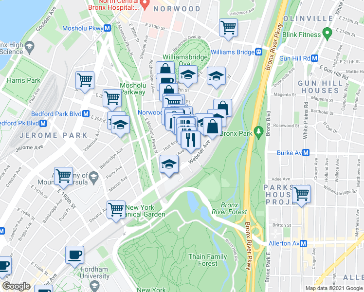 map of restaurants, bars, coffee shops, grocery stores, and more near 342 East 204th Street in Bronx