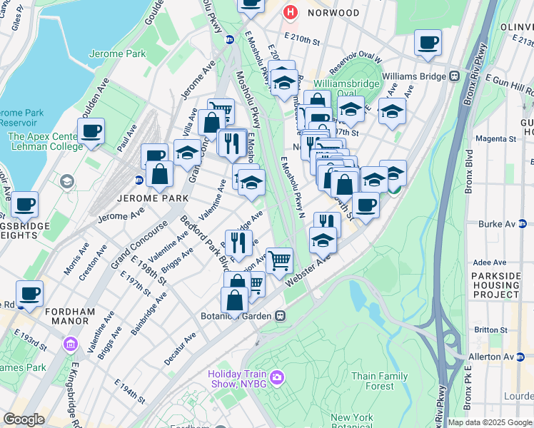 map of restaurants, bars, coffee shops, grocery stores, and more near in The Bronx