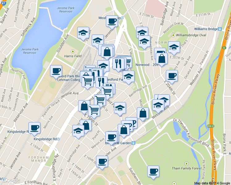 map of restaurants, bars, coffee shops, grocery stores, and more near 240 East 201st Street in Bronx