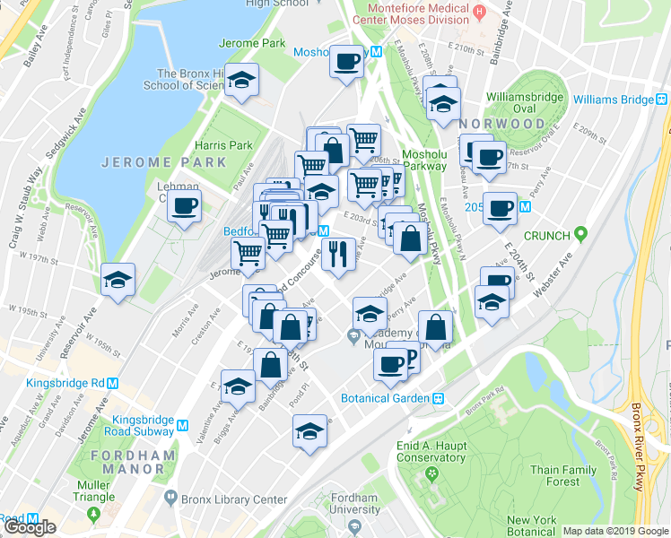 map of restaurants, bars, coffee shops, grocery stores, and more near in The Bronx