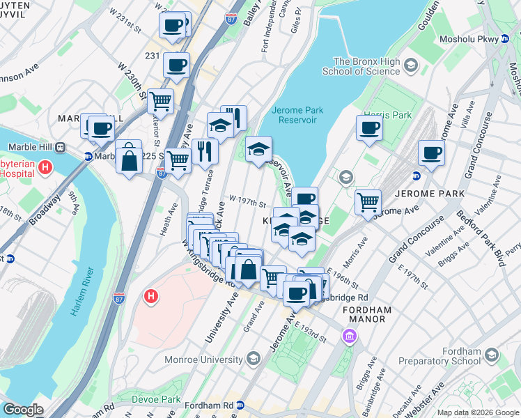 map of restaurants, bars, coffee shops, grocery stores, and more near 2807 Claflin Avenue in Bronx