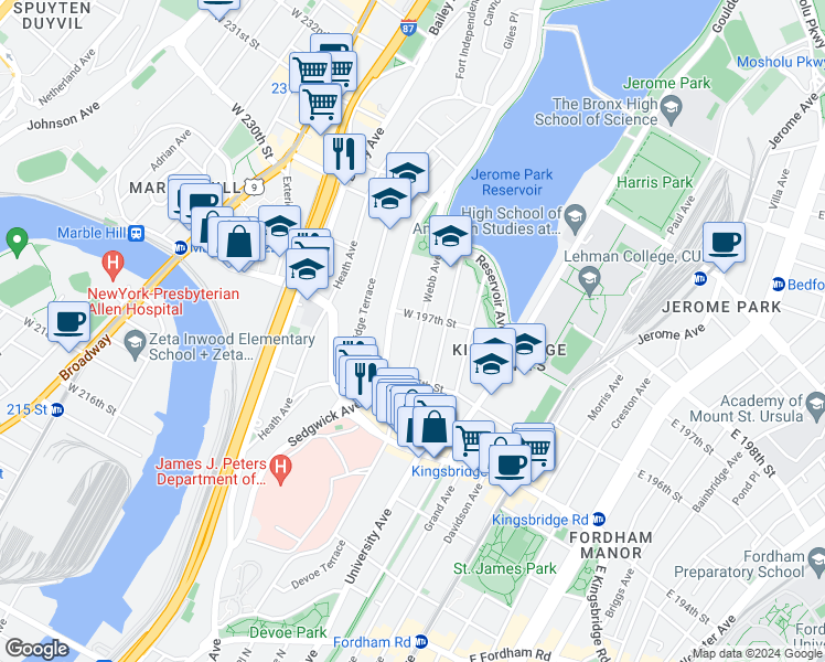 map of restaurants, bars, coffee shops, grocery stores, and more near 2796 Sedgwick Avenue in Bronx