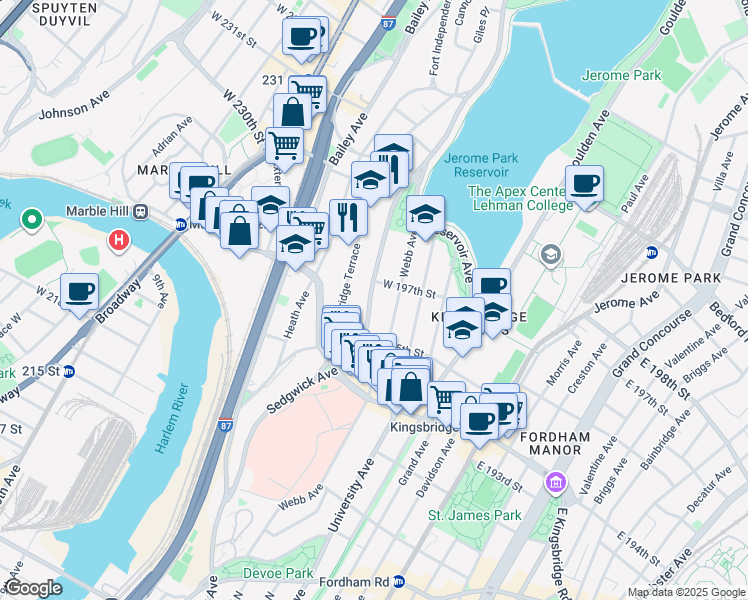 map of restaurants, bars, coffee shops, grocery stores, and more near 2796 Sedgwick Avenue in Bronx