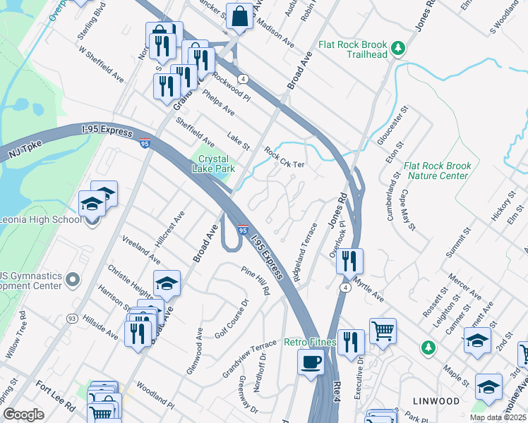 map of restaurants, bars, coffee shops, grocery stores, and more near 33 Regency Circle in Englewood