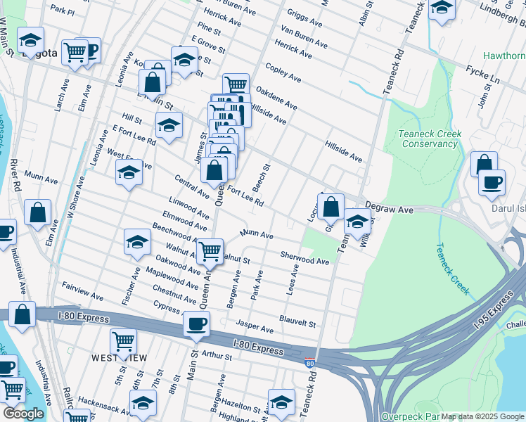 map of restaurants, bars, coffee shops, grocery stores, and more near 187 Fort Lee Road in Teaneck