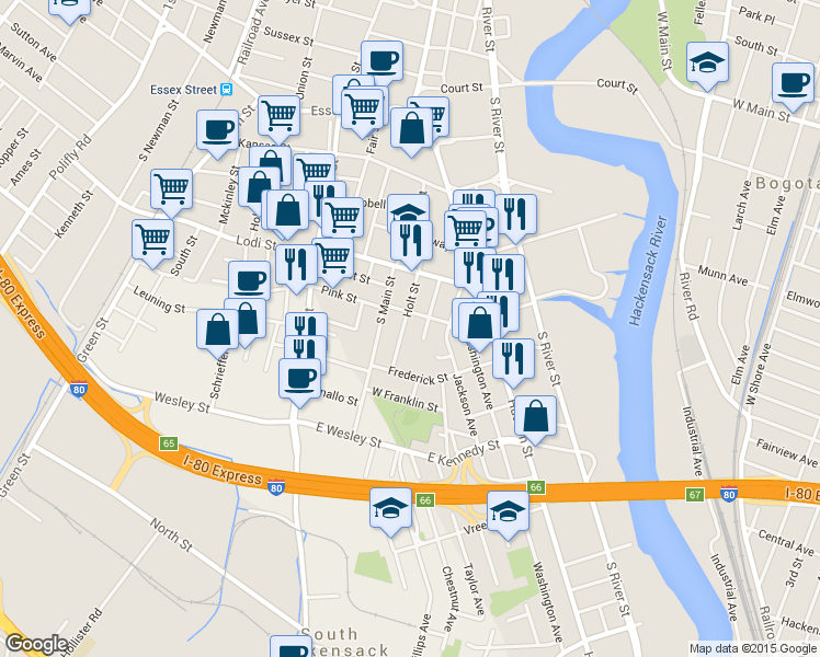 map of restaurants, bars, coffee shops, grocery stores, and more near 167 Bonhomme Street in Hackensack