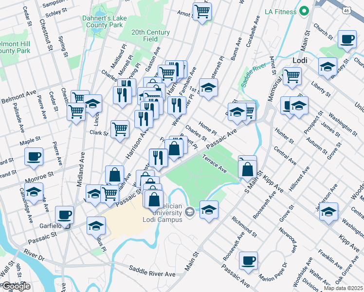 map of restaurants, bars, coffee shops, grocery stores, and more near 97 Garfield Avenue in Lodi