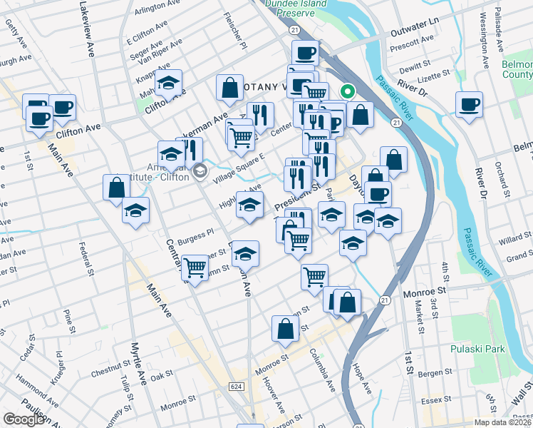 map of restaurants, bars, coffee shops, grocery stores, and more near 198 President Street in Passaic
