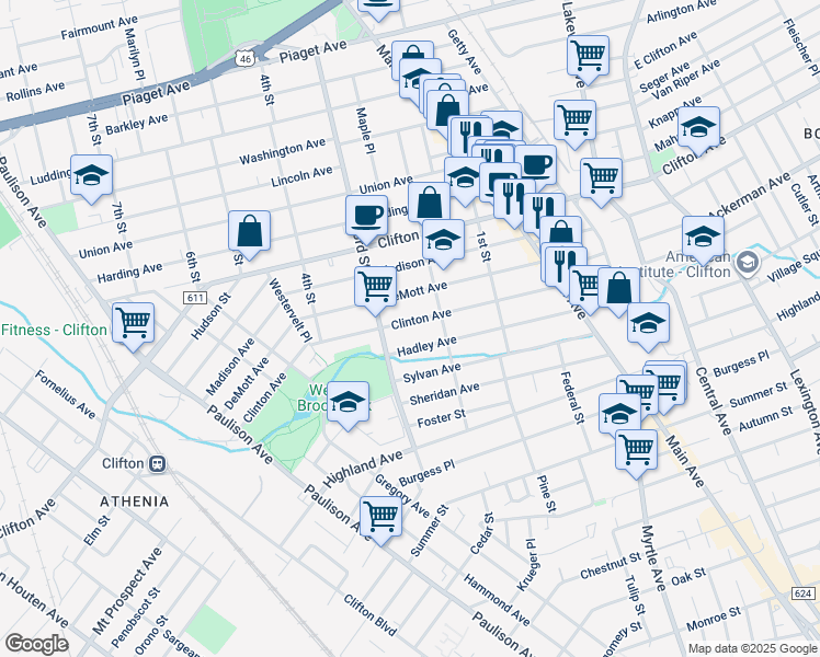 map of restaurants, bars, coffee shops, grocery stores, and more near 131 Clinton Avenue in Clifton