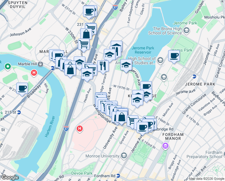 map of restaurants, bars, coffee shops, grocery stores, and more near 2796 Sedgwick Avenue in Bronx