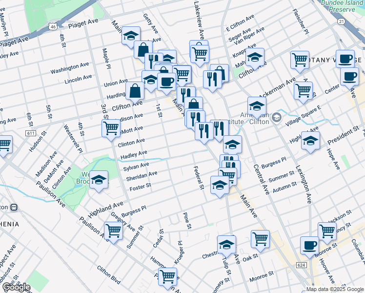 map of restaurants, bars, coffee shops, grocery stores, and more near 73 Hadley Avenue in Clifton