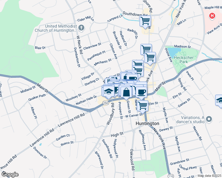map of restaurants, bars, coffee shops, grocery stores, and more near 28 West Neck Road in Huntington