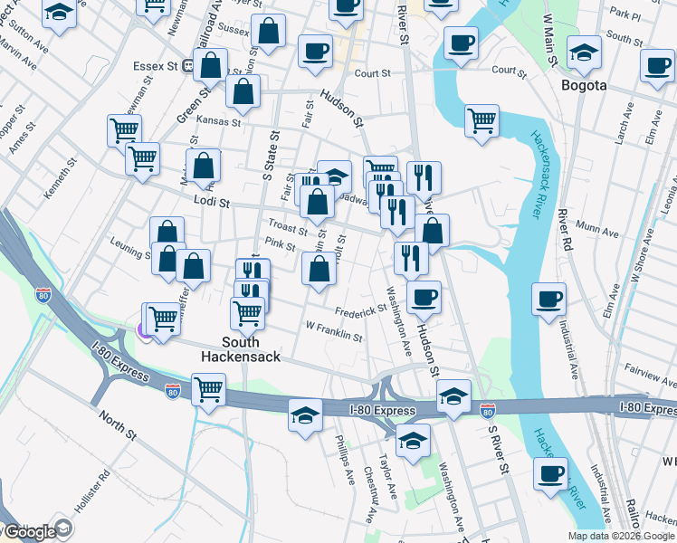 map of restaurants, bars, coffee shops, grocery stores, and more near 167 Bonhomme Street in Hackensack