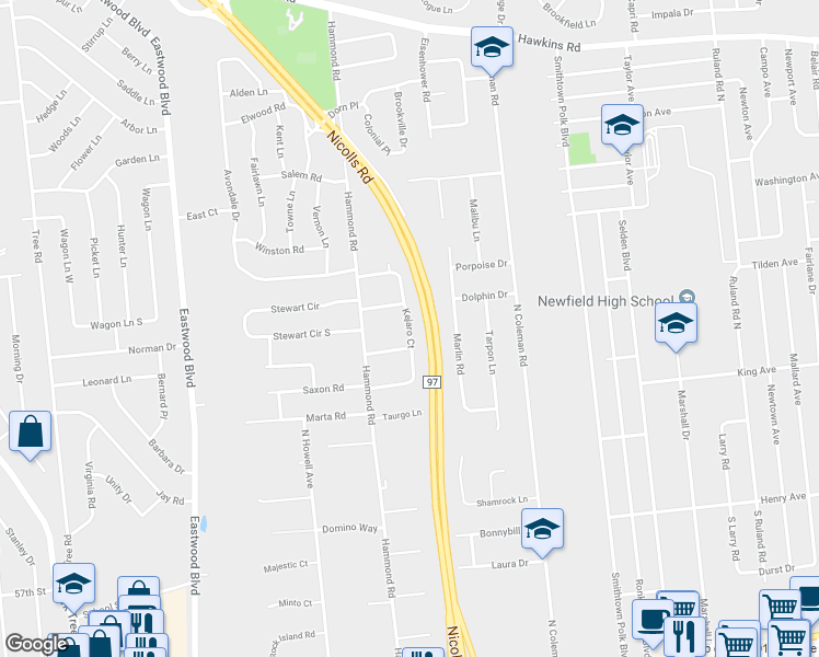 map of restaurants, bars, coffee shops, grocery stores, and more near 22 Kejaro Court in Centereach
