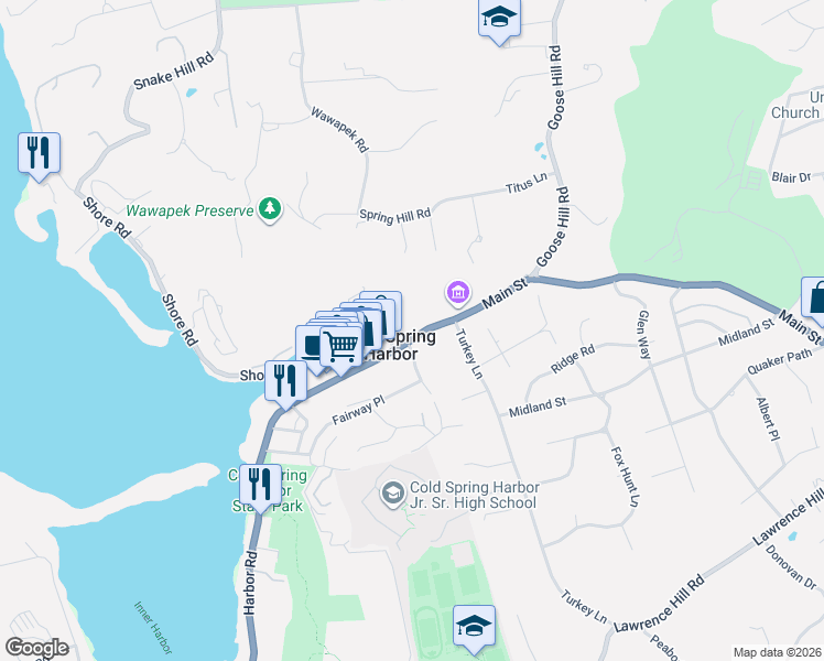 map of restaurants, bars, coffee shops, grocery stores, and more near in Cold Spring Harbor