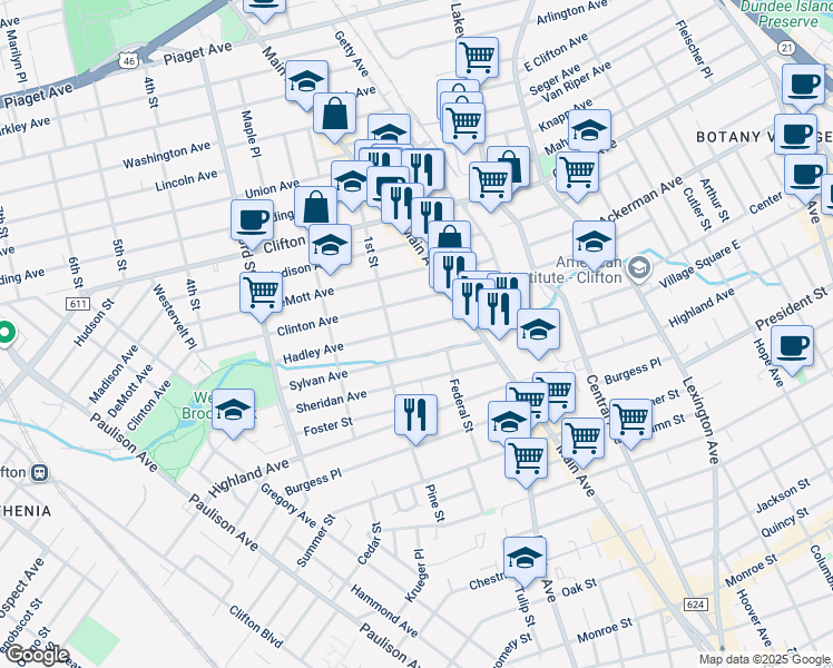 map of restaurants, bars, coffee shops, grocery stores, and more near 81 Hadley Avenue in Clifton