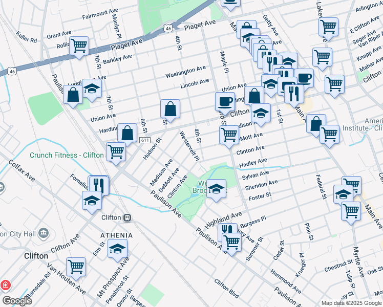 map of restaurants, bars, coffee shops, grocery stores, and more near 221 DeMott Avenue in Clifton