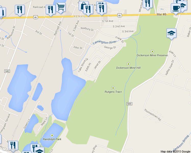 map of restaurants, bars, coffee shops, grocery stores, and more near 47 Edith Place in Mine Hill Township