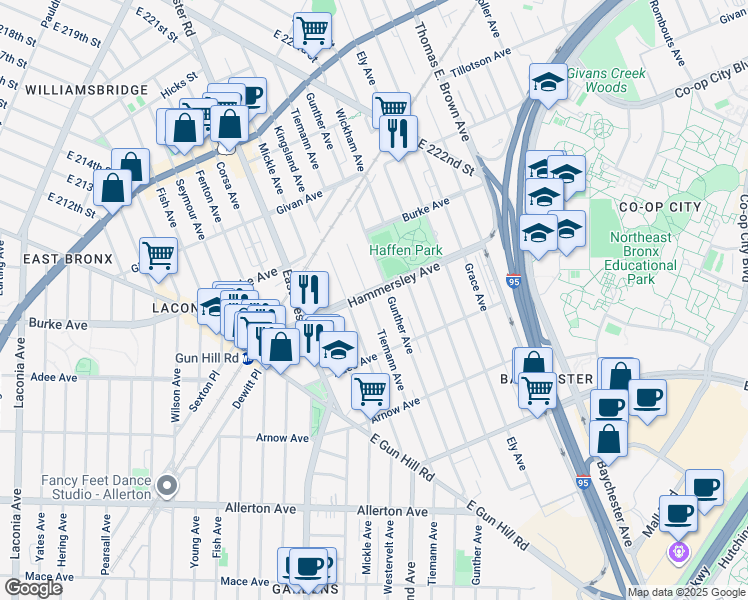 map of restaurants, bars, coffee shops, grocery stores, and more near 3060 Tiemann Ave in Bronx