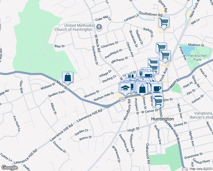 map of restaurants, bars, coffee shops, grocery stores, and more near 49 Woolsey Street in Huntington